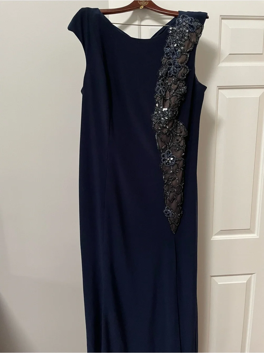 Xscape Navy Maxi Evening Gown with Beaded Appliqué